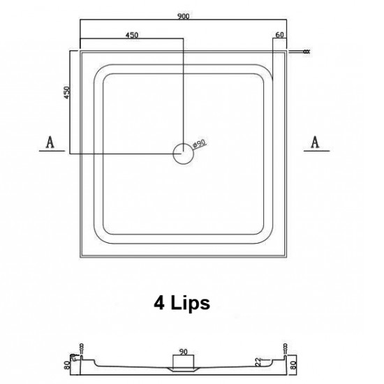 900x900mm Four Lips Square Shower Tray Center/Corner Waste